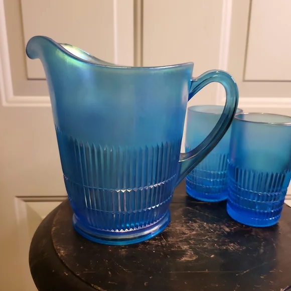 Fenton Celeste Blue Irridescent 90th Anniversary Pitcher and 2 Tumblers - Picture 3 of 11